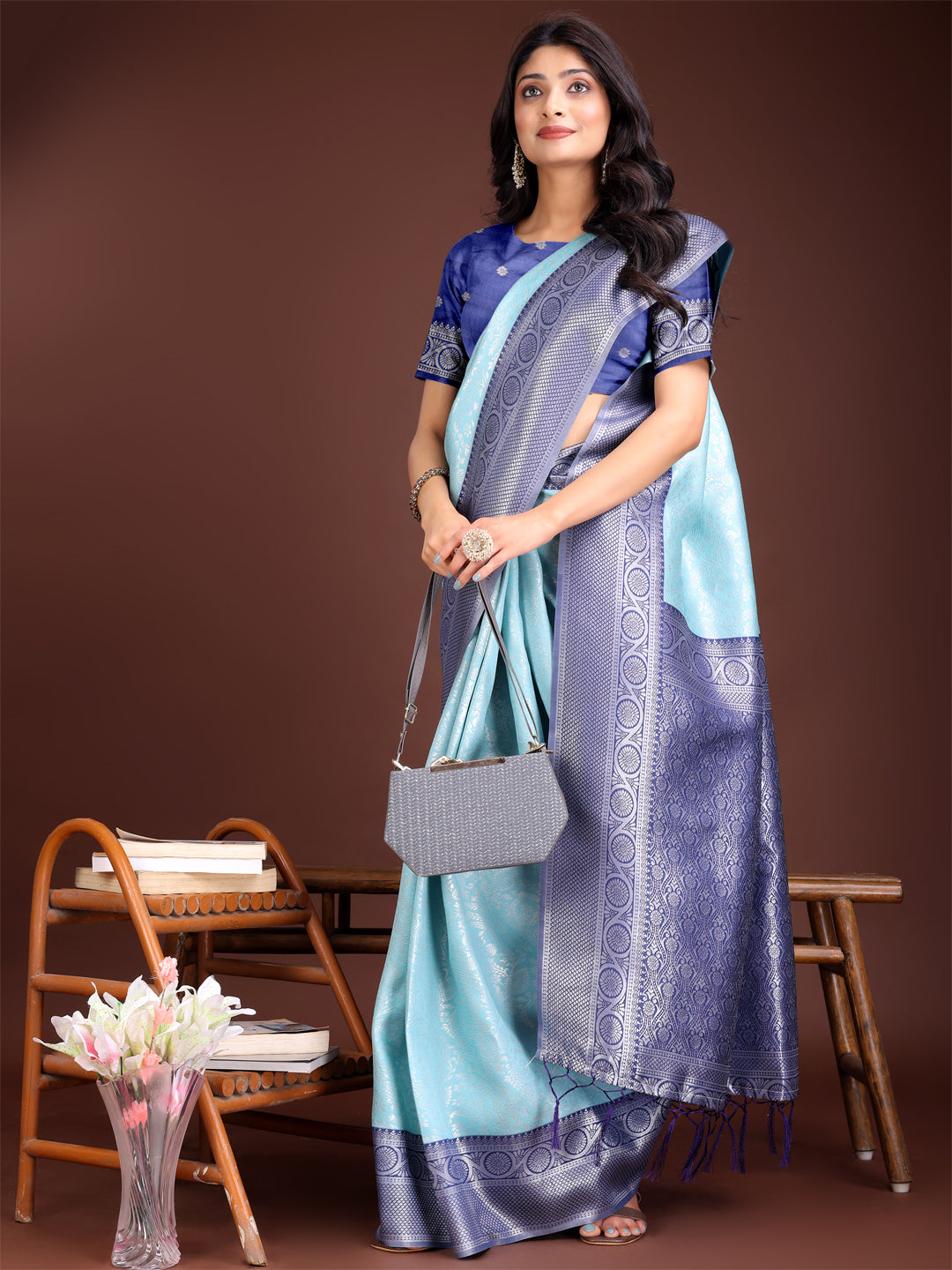 Shree Shyam Fashion Graceful Teal & Blue Banarasi Silk Saree with Rich Zari Woven Border - Traditional Elegance for Celebrations | Grocsy