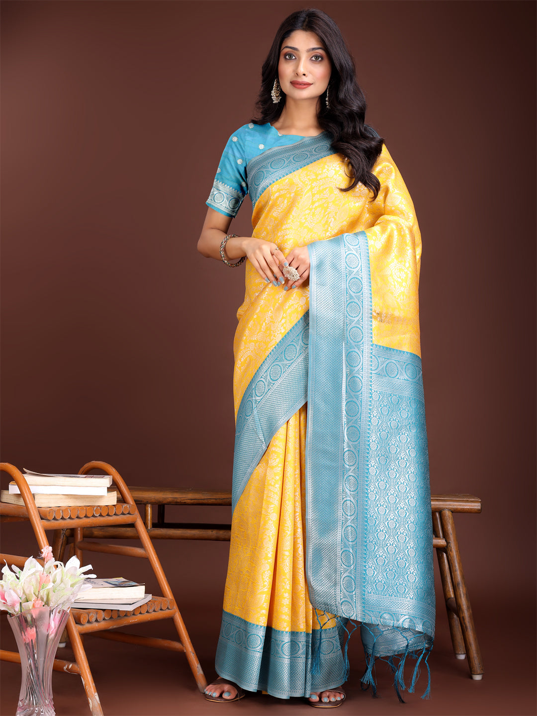 Shree Shyam Fashion Graceful Yellow & Blue Banarasi Silk Saree with Rich Zari Woven Border - Traditional Elegance for Celebrations | Grocsy