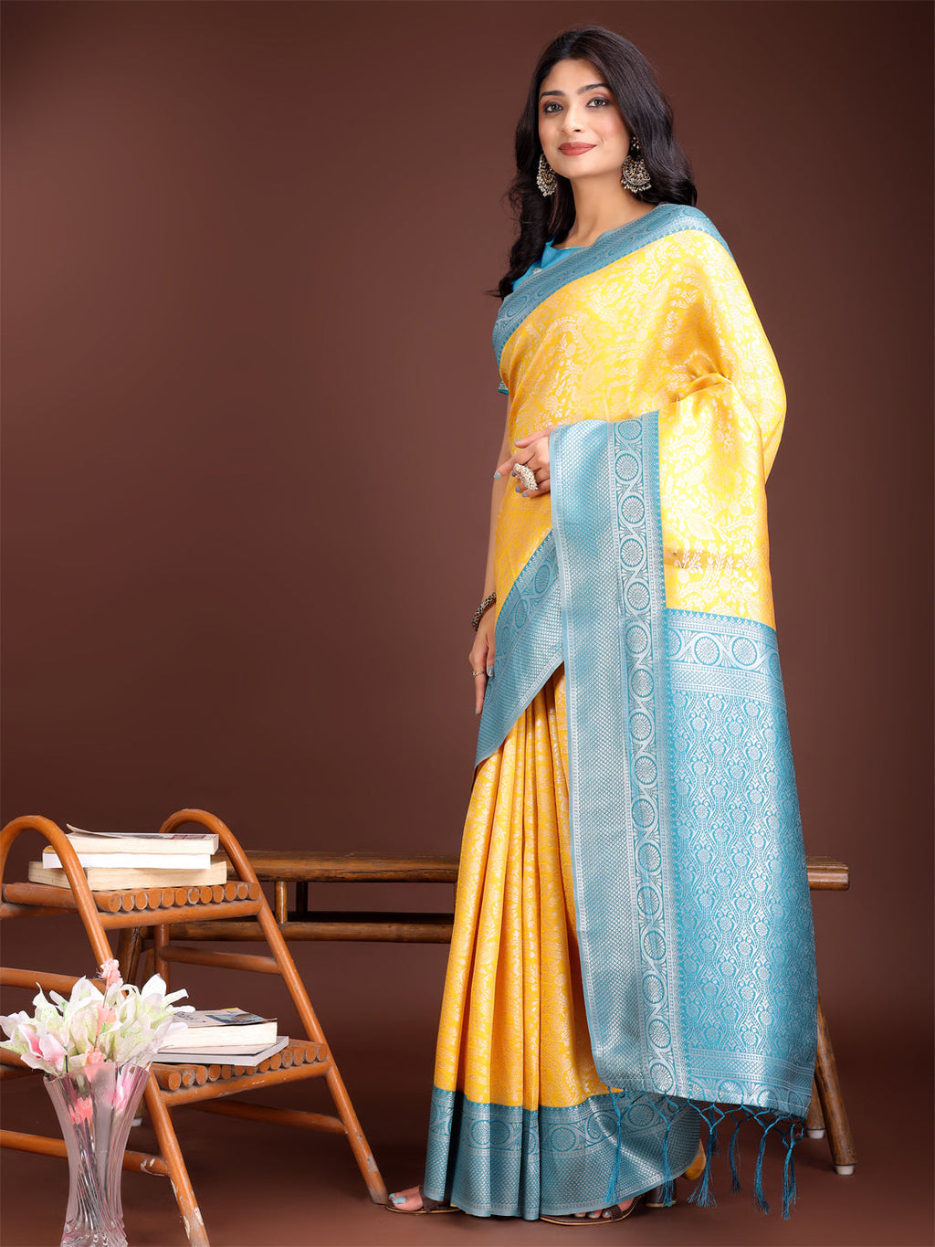 Shree Shyam Fashion Graceful Yellow & Blue Banarasi Silk Saree with Rich Zari Woven Border - Traditional Elegance for Celebrations | Grocsy