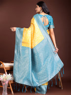 Shree Shyam Fashion Graceful Yellow & Blue Banarasi Silk Saree with Rich Zari Woven Border - Traditional Elegance for Celebrations | Grocsy