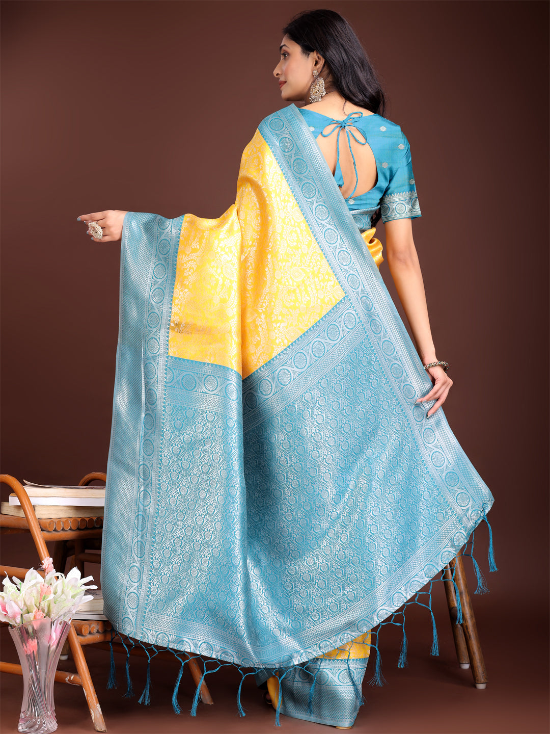 Shree Shyam Fashion Graceful Yellow & Blue Banarasi Silk Saree with Rich Zari Woven Border - Traditional Elegance for Celebrations | Grocsy
