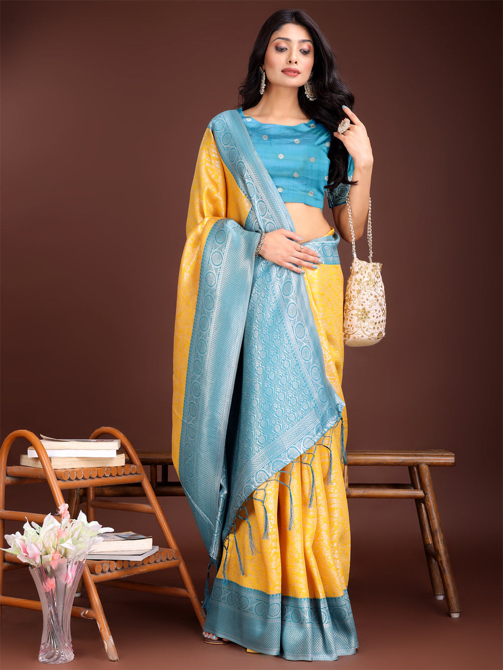 Shree Shyam Fashion Graceful Yellow & Blue Banarasi Silk Saree with Rich Zari Woven Border - Traditional Elegance for Celebrations | Grocsy