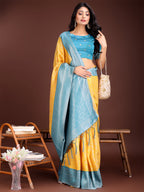 Shree Shyam Fashion Graceful Yellow & Blue Banarasi Silk Saree with Rich Zari Woven Border - Traditional Elegance for Celebrations | Grocsy