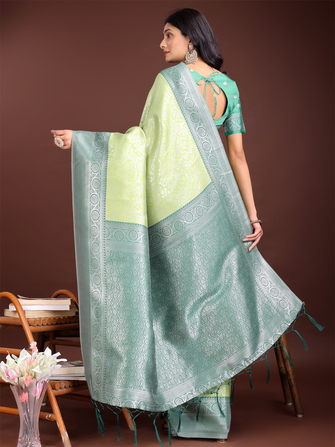 Shree Shyam Fashion Graceful Light Green & Green Banarasi Silk Saree with Rich Zari Woven Border - Traditional Elegance for Celebrations | Grocsy