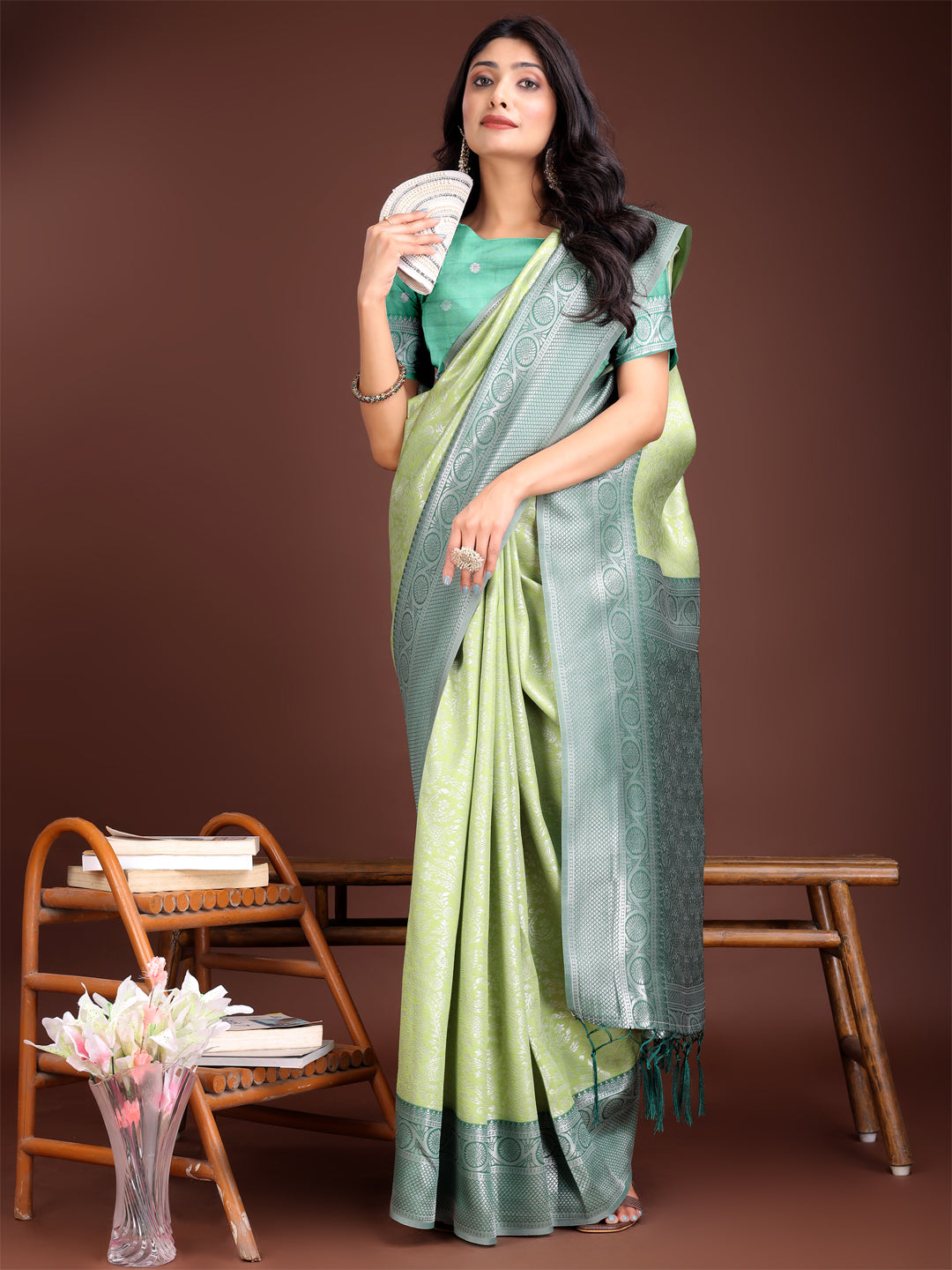 Shree Shyam Fashion Graceful Light Green & Green Banarasi Silk Saree with Rich Zari Woven Border - Traditional Elegance for Celebrations | Grocsy