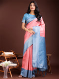 Shree Shyam Fashion Graceful Peach & Blue Banarasi Silk Saree with Rich Zari Woven Border - Traditional Elegance for Celebrations | Grocsy