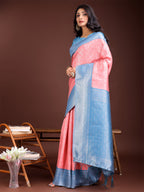 Shree Shyam Fashion Graceful Peach & Blue Banarasi Silk Saree with Rich Zari Woven Border - Traditional Elegance for Celebrations | Grocsy