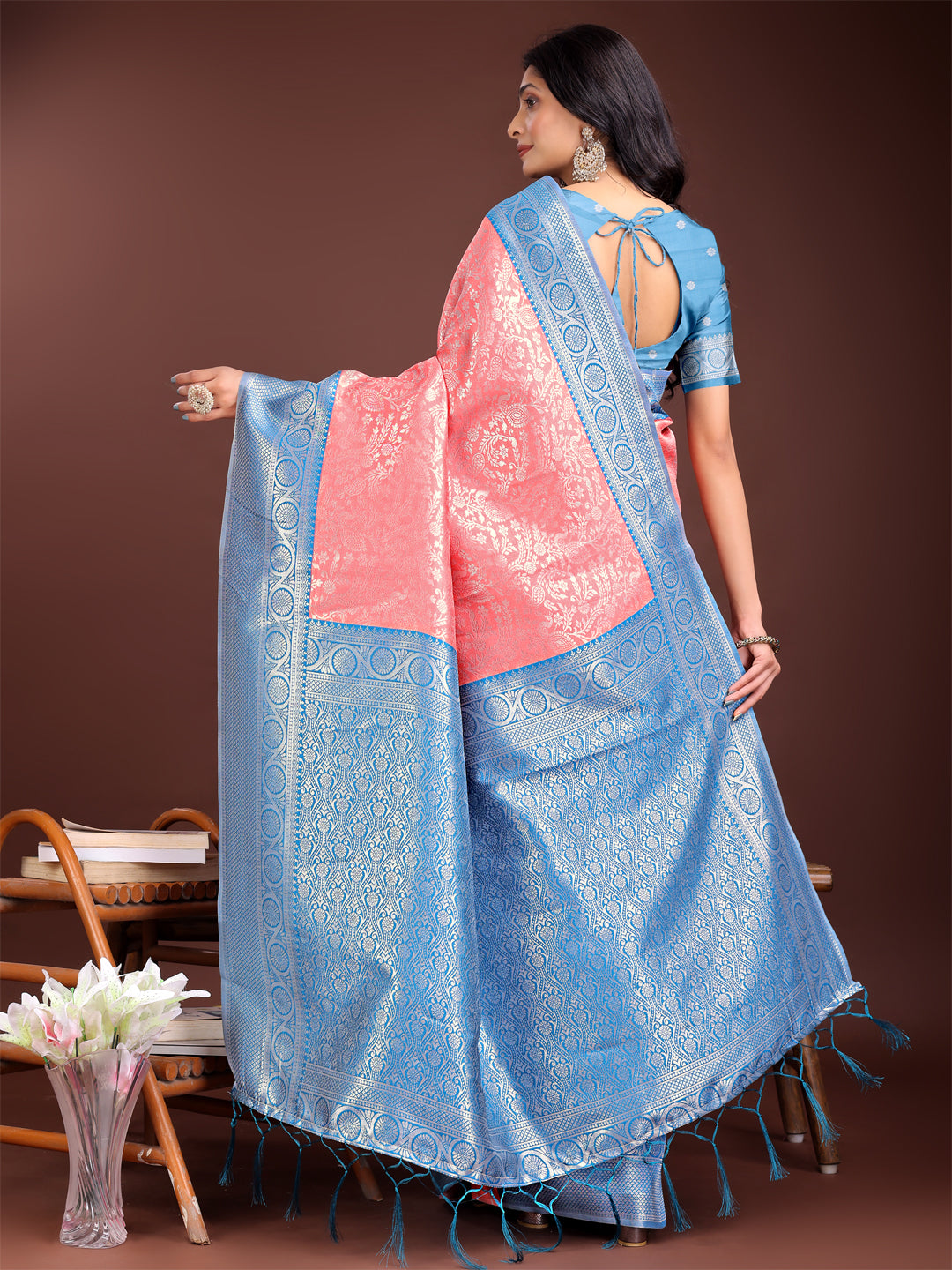 Shree Shyam Fashion Graceful Peach & Blue Banarasi Silk Saree with Rich Zari Woven Border - Traditional Elegance for Celebrations | Grocsy