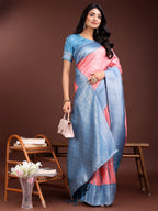 Shree Shyam Fashion Graceful Peach & Blue Banarasi Silk Saree with Rich Zari Woven Border - Traditional Elegance for Celebrations | Grocsy