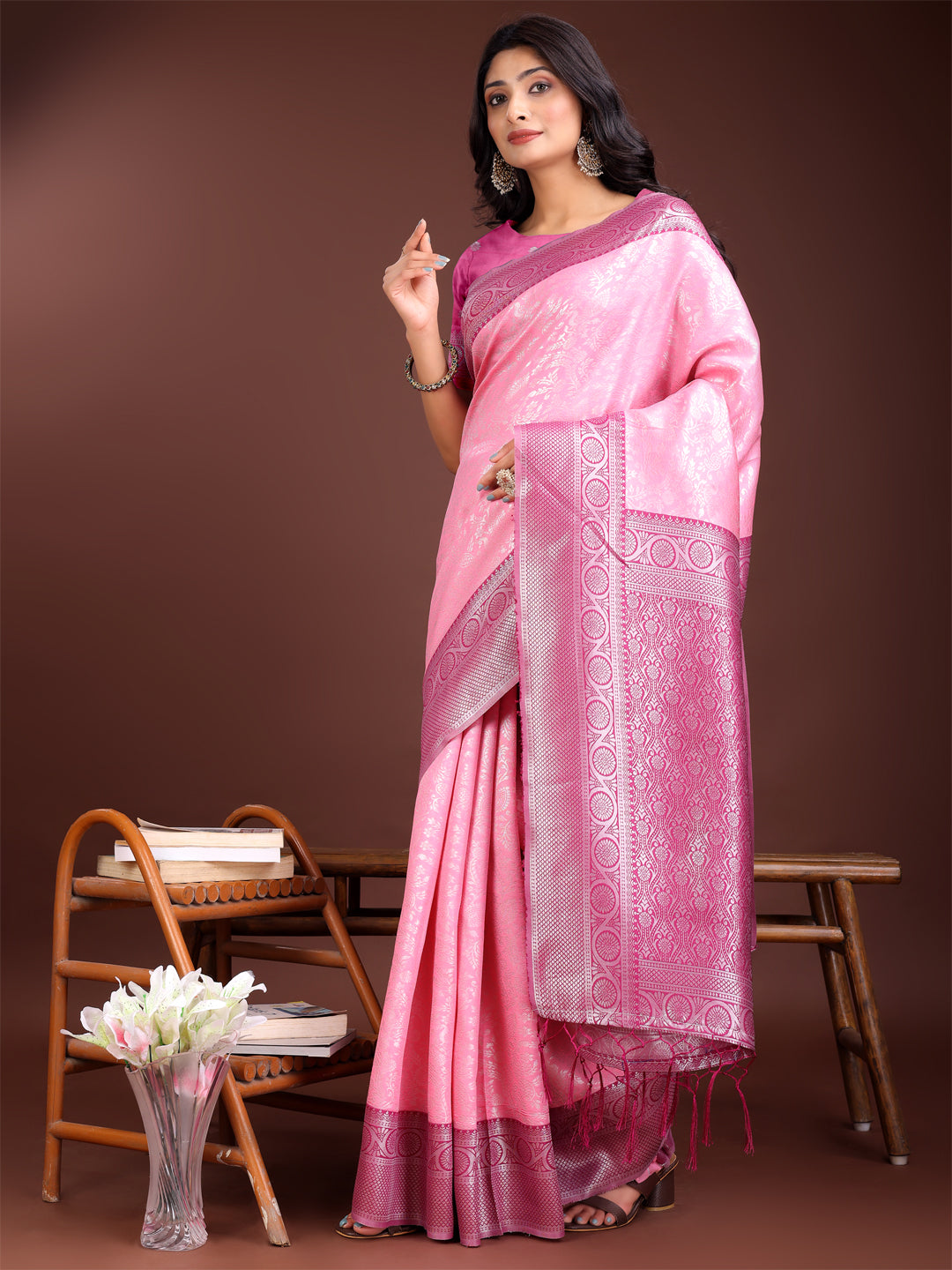 Shree Shyam Fashion Graceful Light Pink & Pink Banarasi Silk Saree with Rich Zari Woven Border - Traditional Elegance for Celebrations | Grocsy