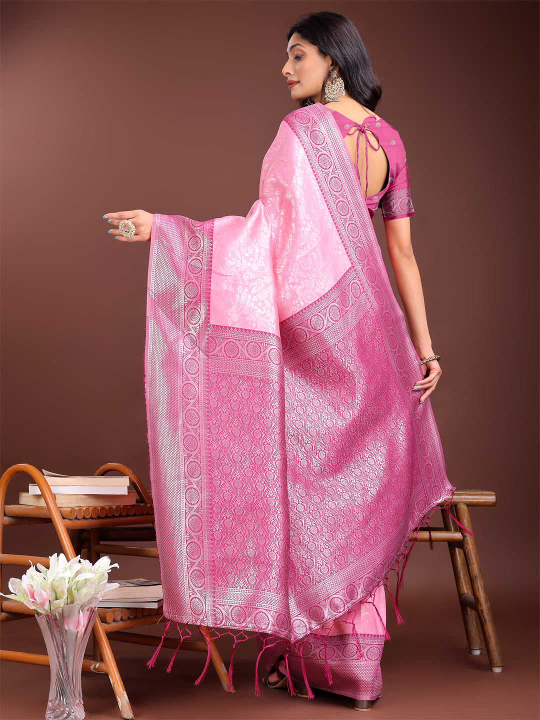 Shree Shyam Fashion Graceful Light Pink & Pink Banarasi Silk Saree with Rich Zari Woven Border - Traditional Elegance for Celebrations | Grocsy