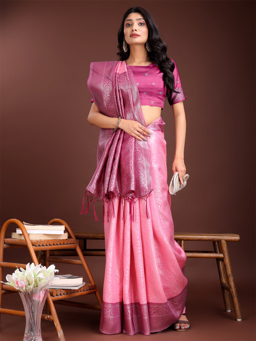 Shree Shyam Fashion Graceful Light Pink & Pink Banarasi Silk Saree with Rich Zari Woven Border - Traditional Elegance for Celebrations | Grocsy