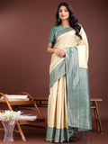 Shree Shyam Fashion Graceful Cream & Green Banarasi Silk Saree with Rich Zari Woven Border - Traditional Elegance for Celebrations | Grocsy