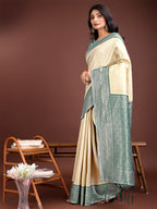 Shree Shyam Fashion Graceful Cream & Green Banarasi Silk Saree with Rich Zari Woven Border - Traditional Elegance for Celebrations | Grocsy
