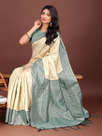 Shree Shyam Fashion Graceful Cream & Green Banarasi Silk Saree with Rich Zari Woven Border - Traditional Elegance for Celebrations | Grocsy
