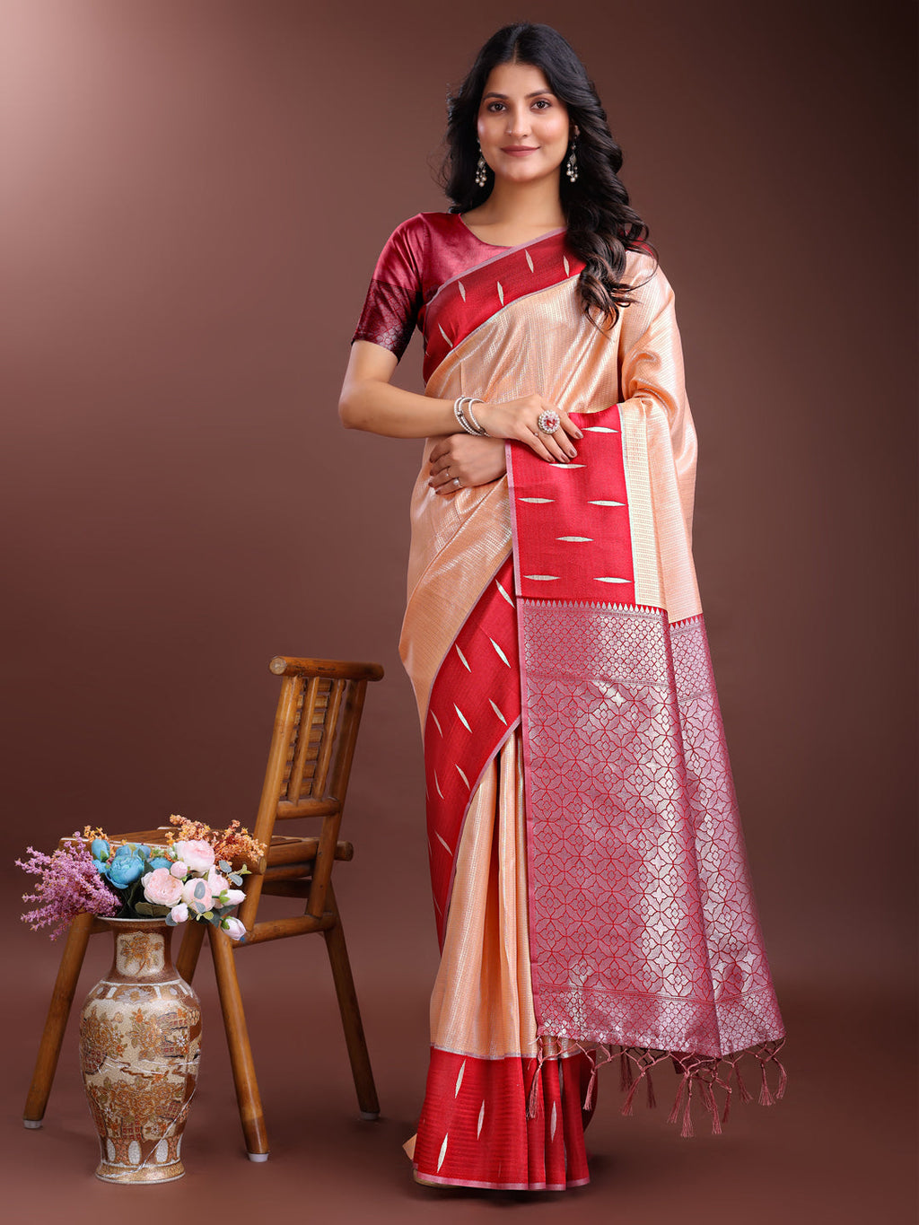 Shree Shyam Fashion Orange Lichi Silk Woven Zari Work Traditional Tassel Saree | Grocsy