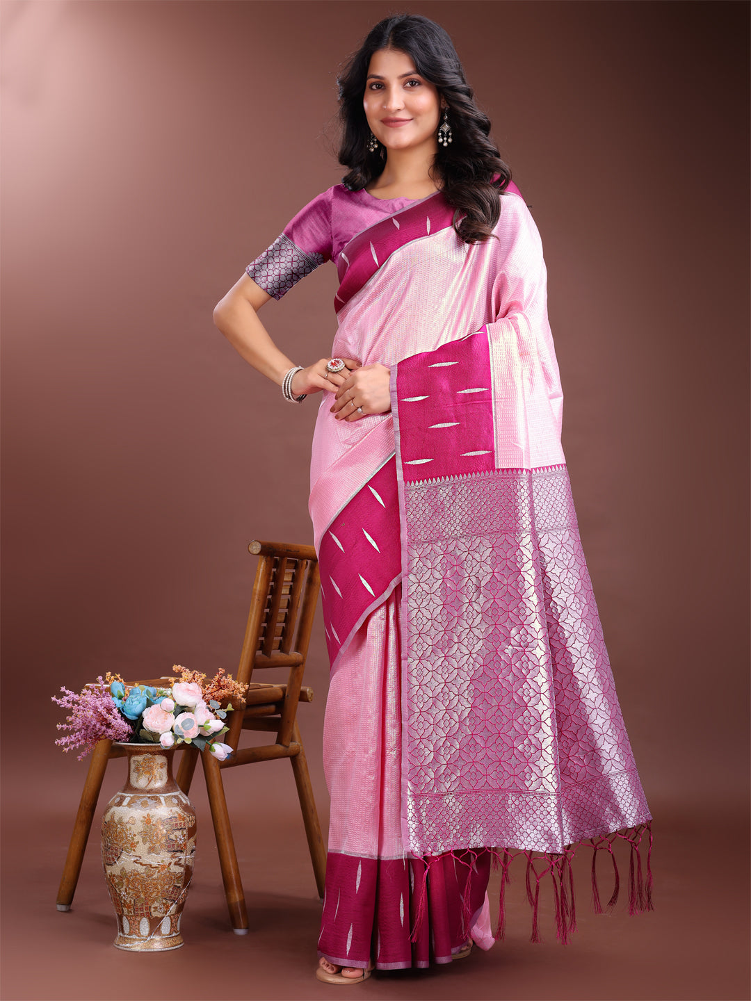 Shree Shyam Fashion Pink Lichi Silk Woven Zari Work Traditional Tassel Saree | Grocsy