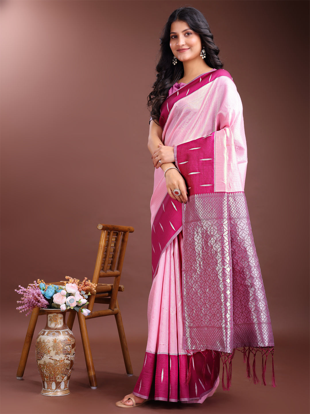 Shree Shyam Fashion Pink Lichi Silk Woven Zari Work Traditional Tassel Saree | Grocsy