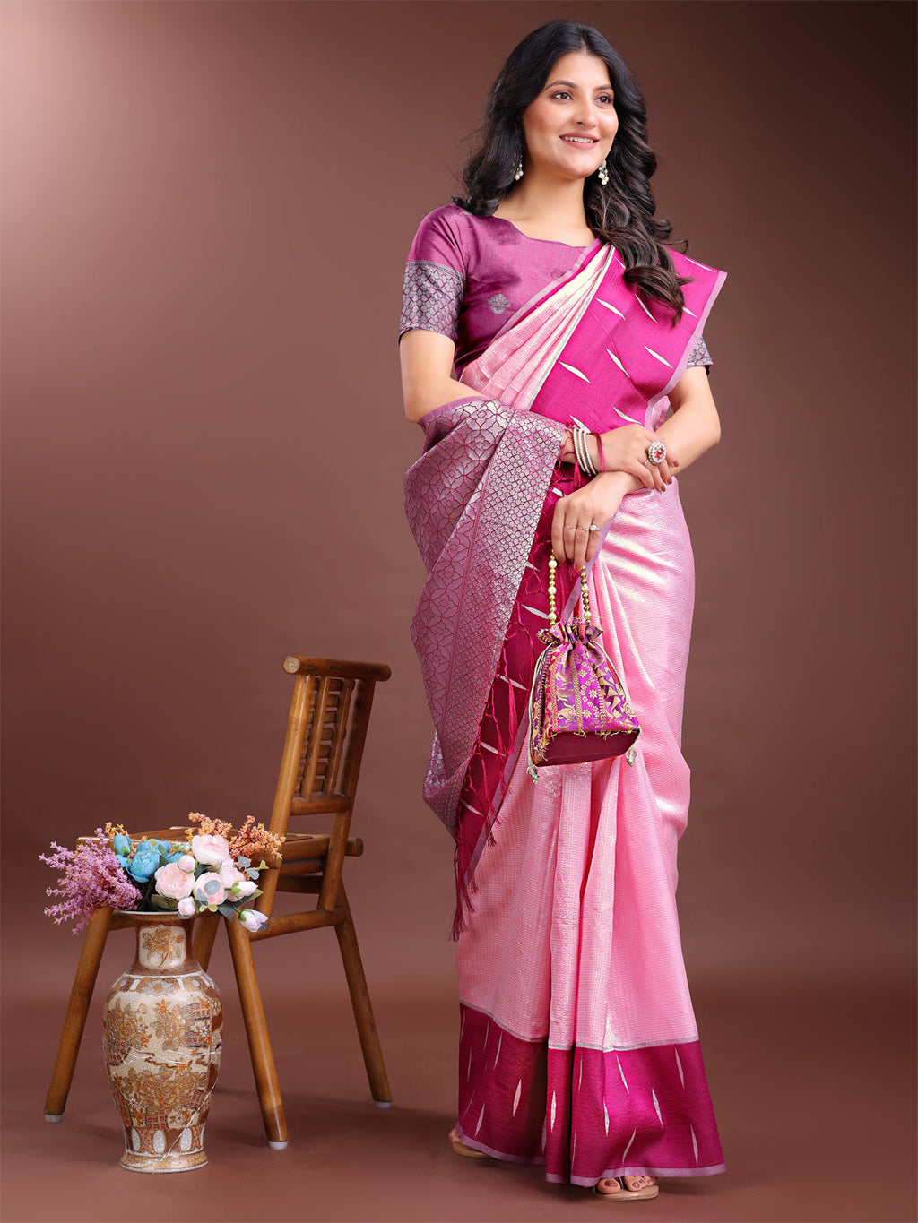 Shree Shyam Fashion Pink Lichi Silk Woven Zari Work Traditional Tassel Saree | Grocsy