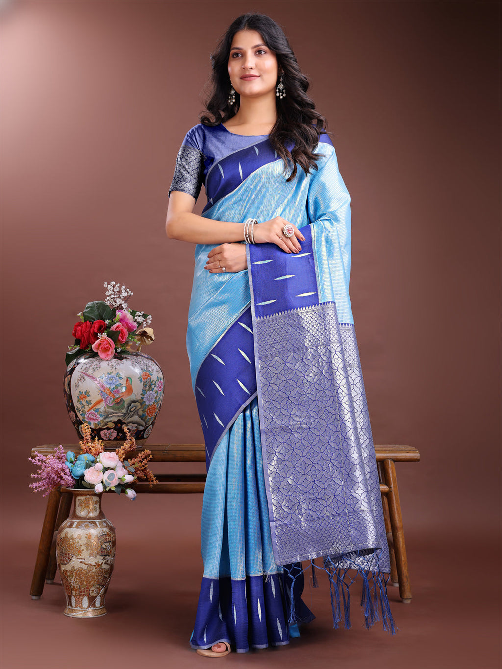 Shree Shyam Fashion Sky Blue Lichi Silk Woven Zari Work Traditional Tassel Saree | Grocsy