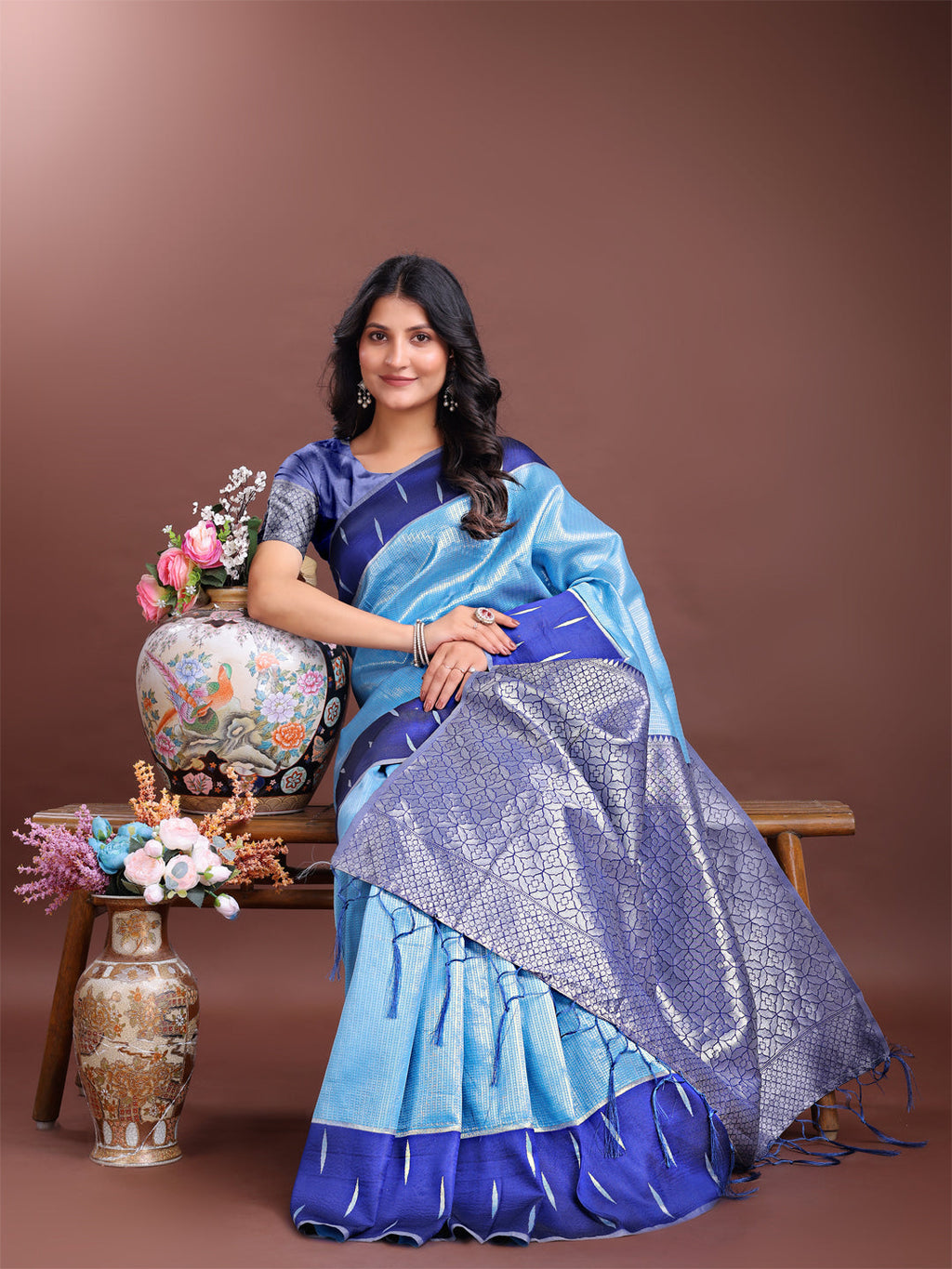 Shree Shyam Fashion Sky Blue Lichi Silk Woven Zari Work Traditional Tassel Saree | Grocsy