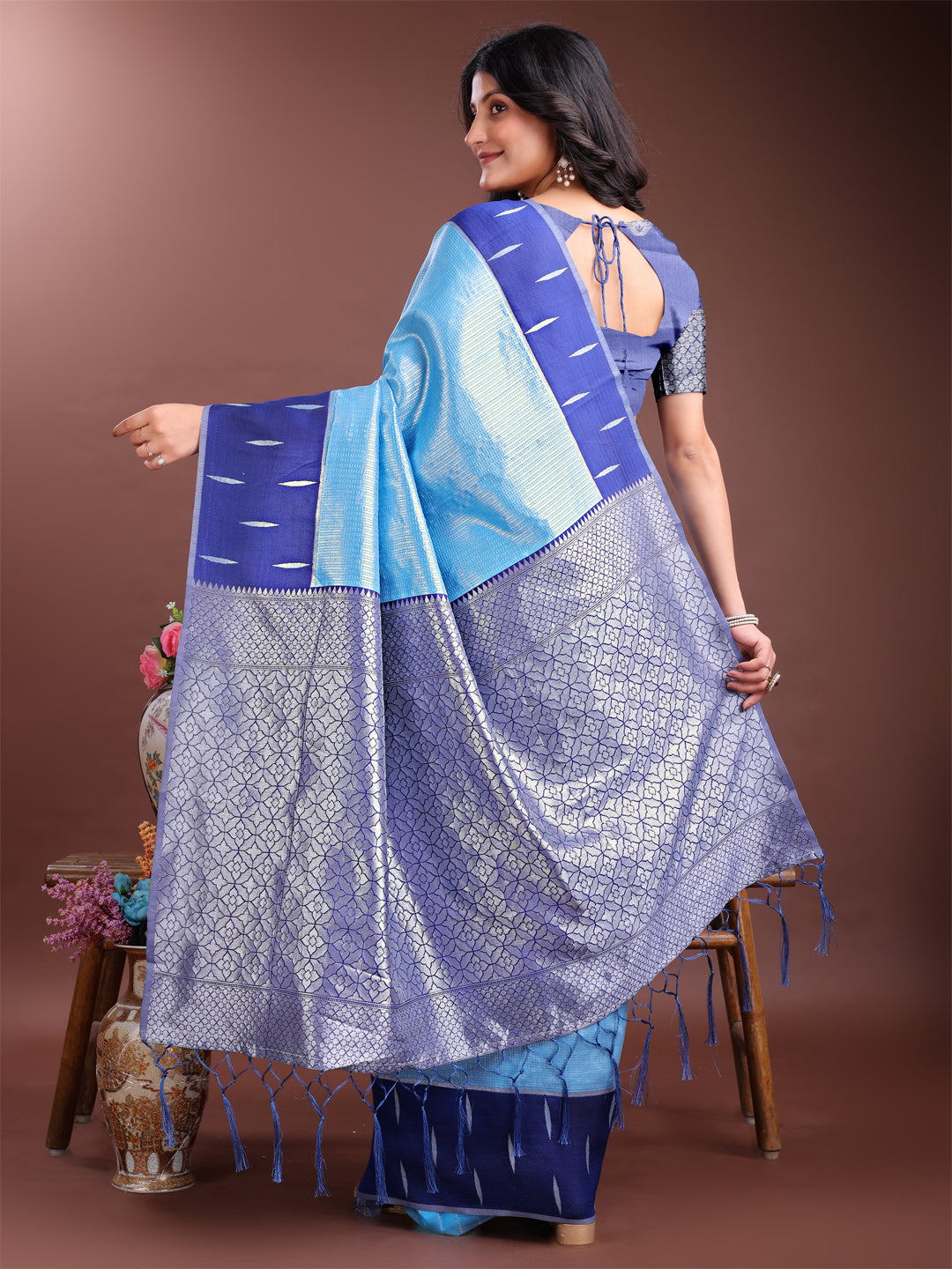 Shree Shyam Fashion Sky Blue Lichi Silk Woven Zari Work Traditional Tassel Saree | Grocsy