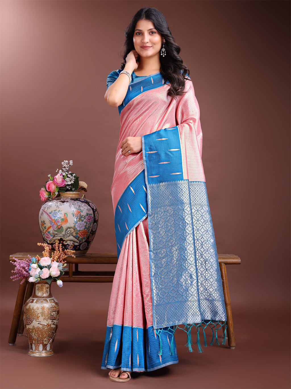 Shree Shyam Fashion Peach Lichi Silk Woven Zari Work Traditional Tassel Saree | Grocsy