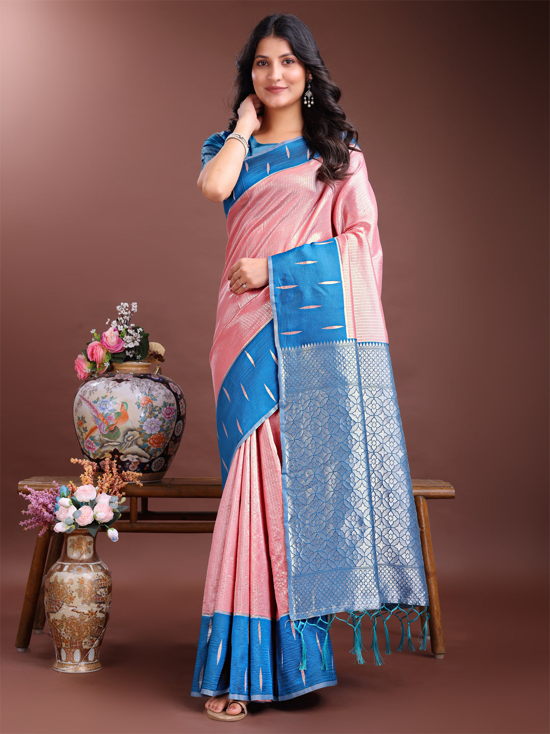 Shree Shyam Fashion Peach Lichi Silk Woven Zari Work Traditional Tassel Saree | Grocsy
