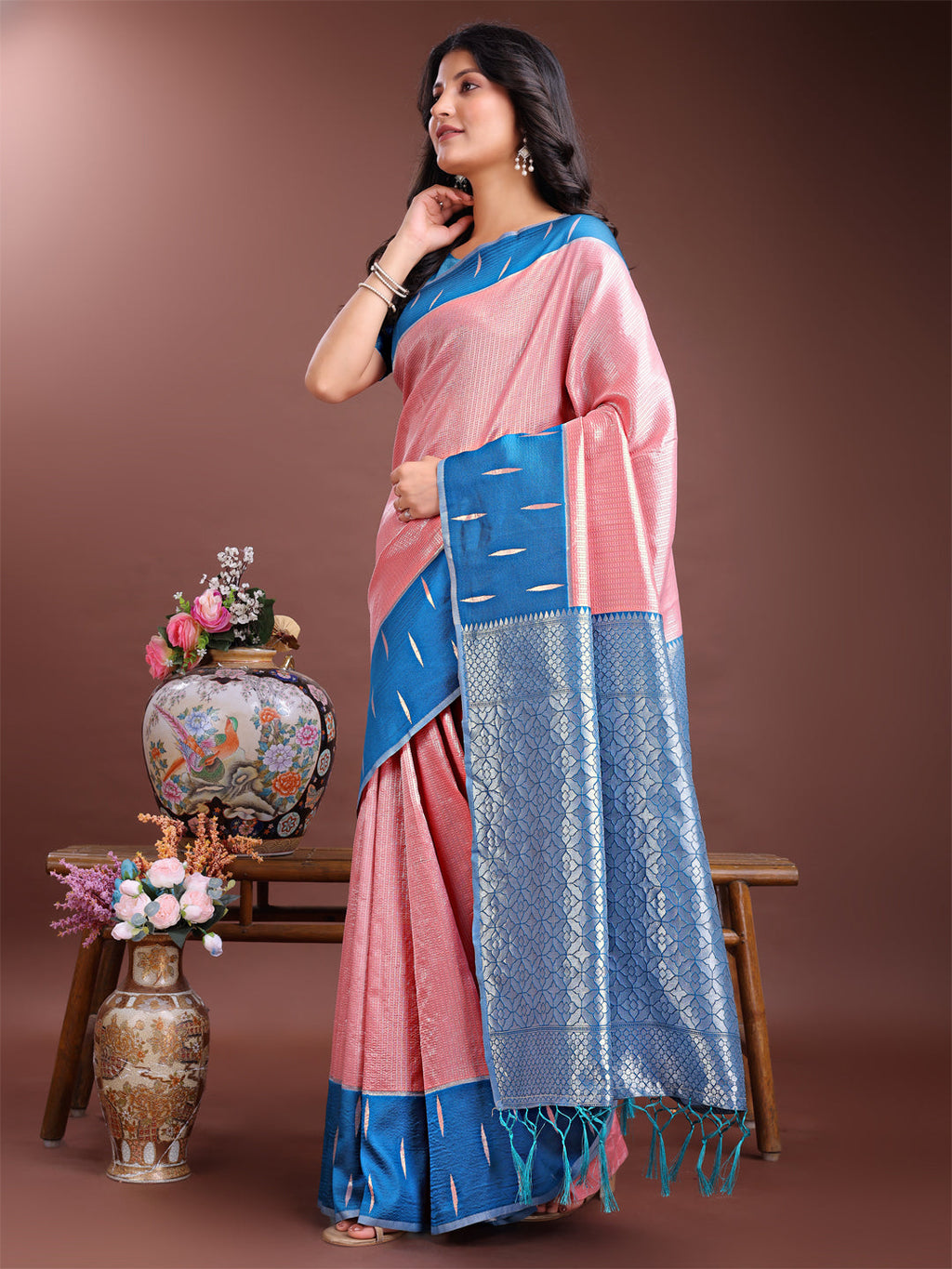 Shree Shyam Fashion Peach Lichi Silk Woven Zari Work Traditional Tassel Saree | Grocsy