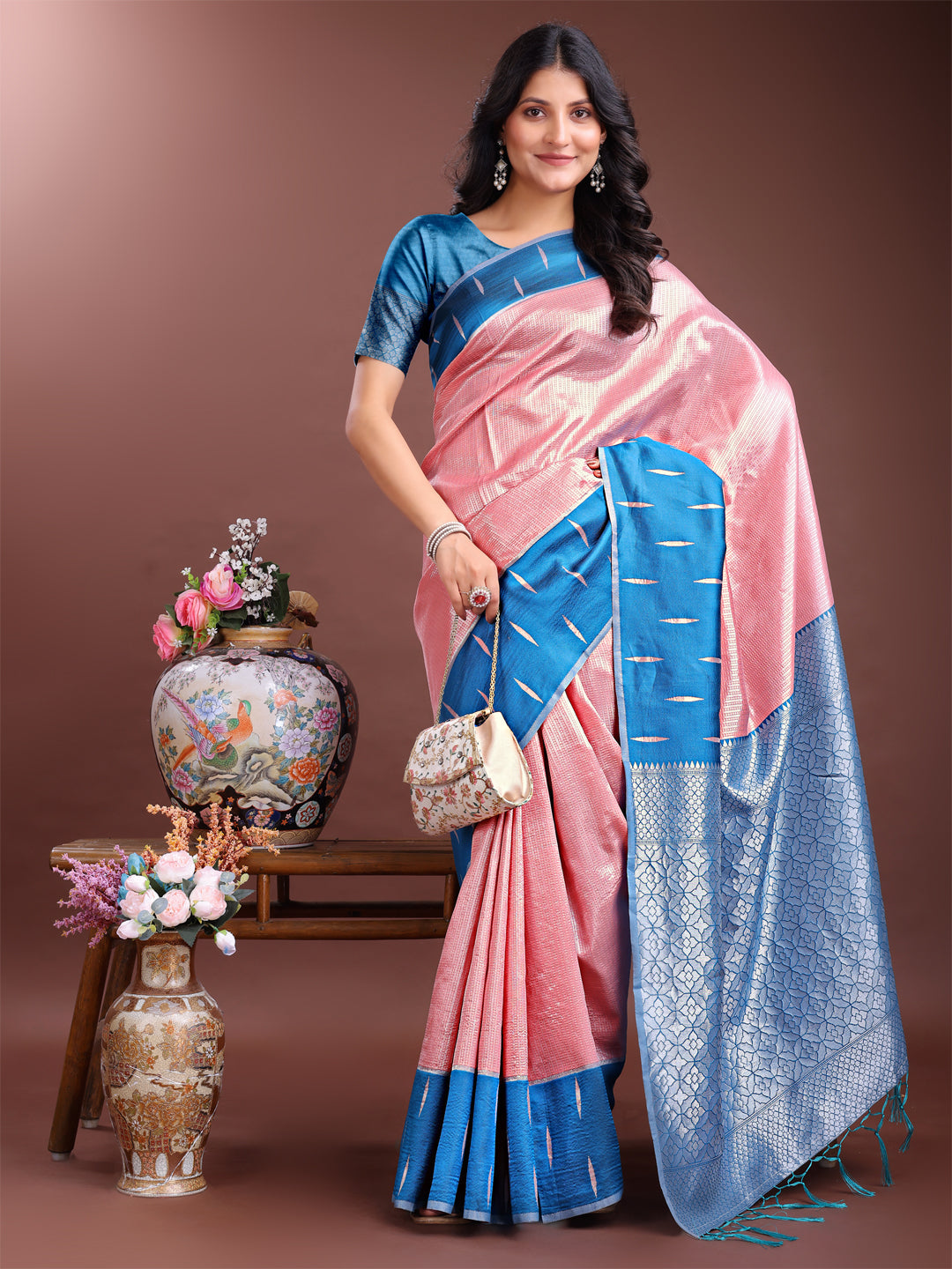 Shree Shyam Fashion Peach Lichi Silk Woven Zari Work Traditional Tassel Saree | Grocsy