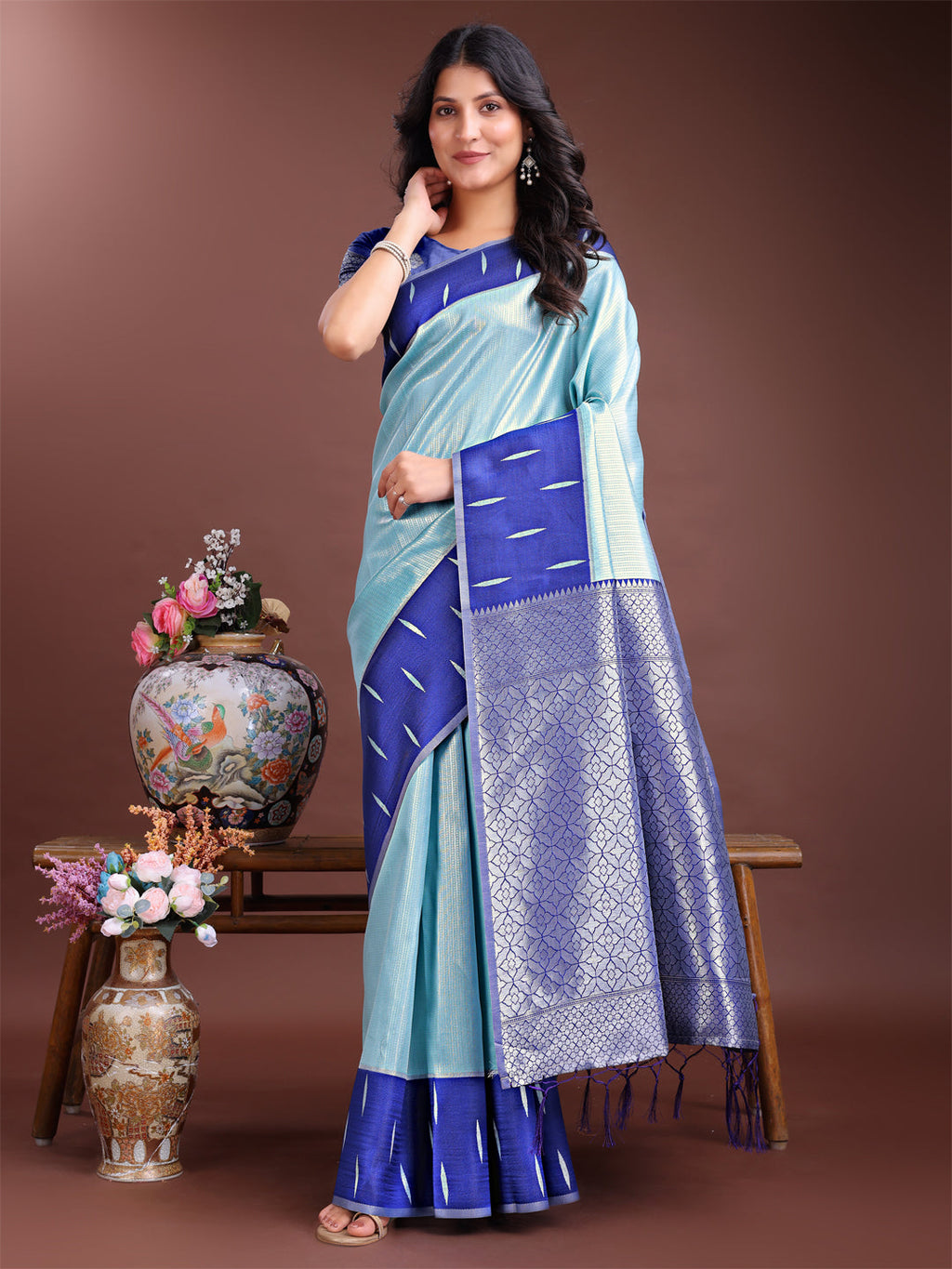 Shree Shyam Fashion Sea Green Lichi Silk Woven Zari Work Traditional Tassel Saree | Grocsy