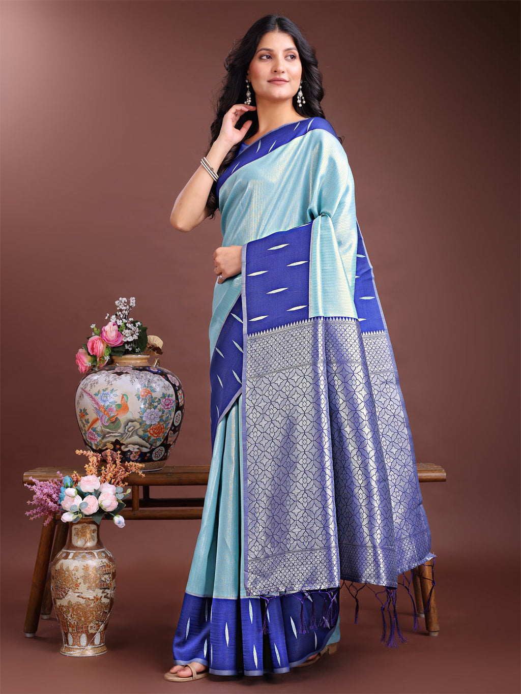 Shree Shyam Fashion Sea Green Lichi Silk Woven Zari Work Traditional Tassel Saree | Grocsy