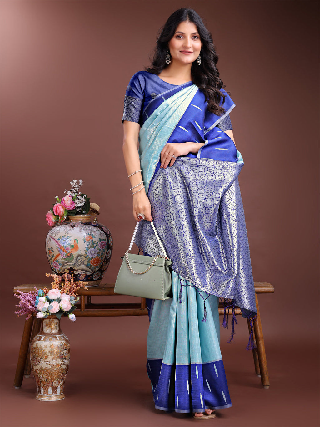 Shree Shyam Fashion Sea Green Lichi Silk Woven Zari Work Traditional Tassel Saree | Grocsy