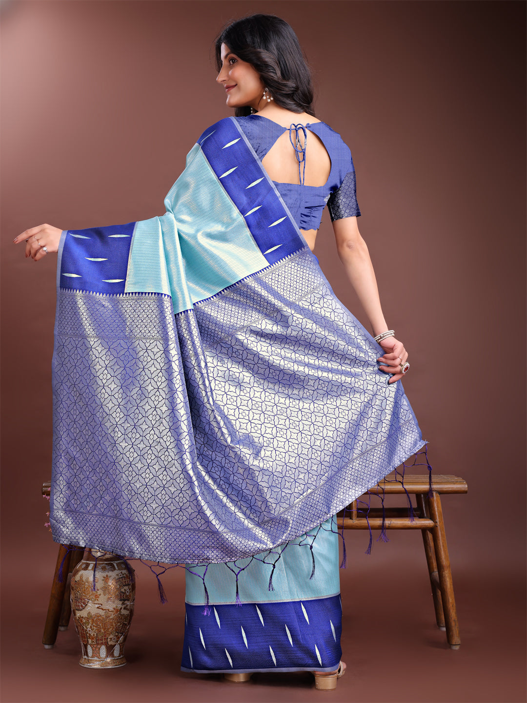 Shree Shyam Fashion Sea Green Lichi Silk Woven Zari Work Traditional Tassel Saree | Grocsy