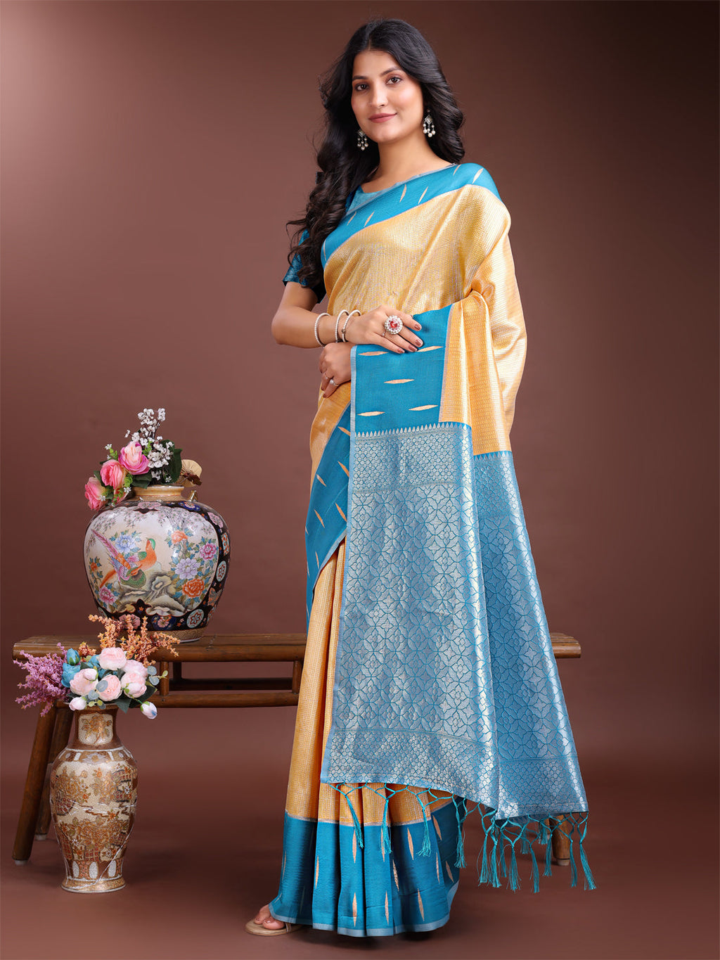 Shree Shyam Fashion Yellow Lichi Silk Woven Zari Work Traditional Tassel Saree | Grocsy