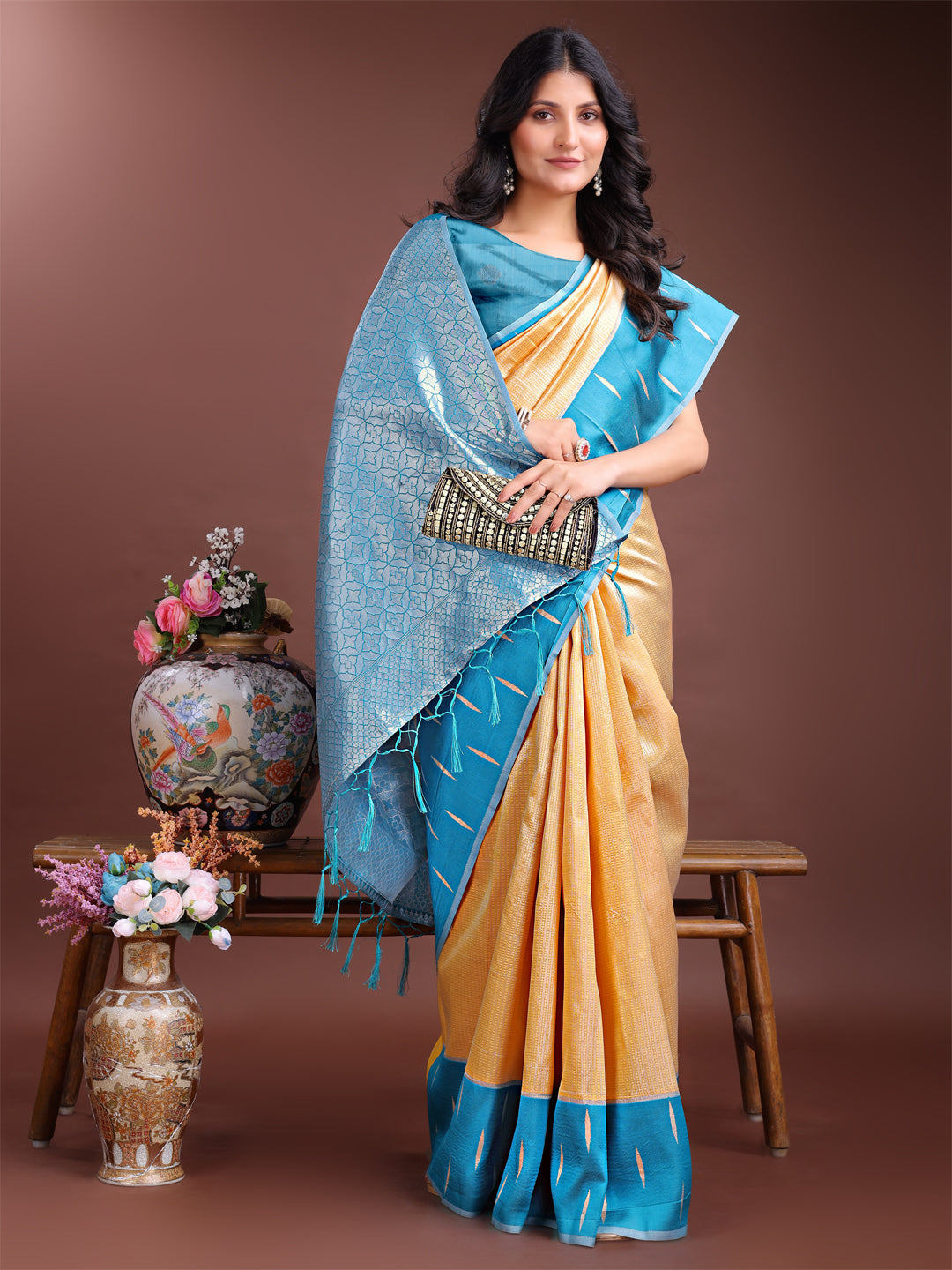 Shree Shyam Fashion Yellow Lichi Silk Woven Zari Work Traditional Tassel Saree | Grocsy
