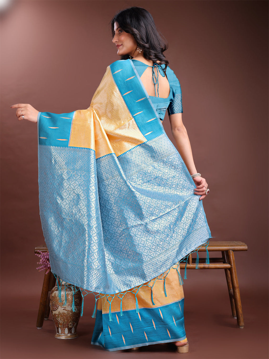 Shree Shyam Fashion Yellow Lichi Silk Woven Zari Work Traditional Tassel Saree | Grocsy