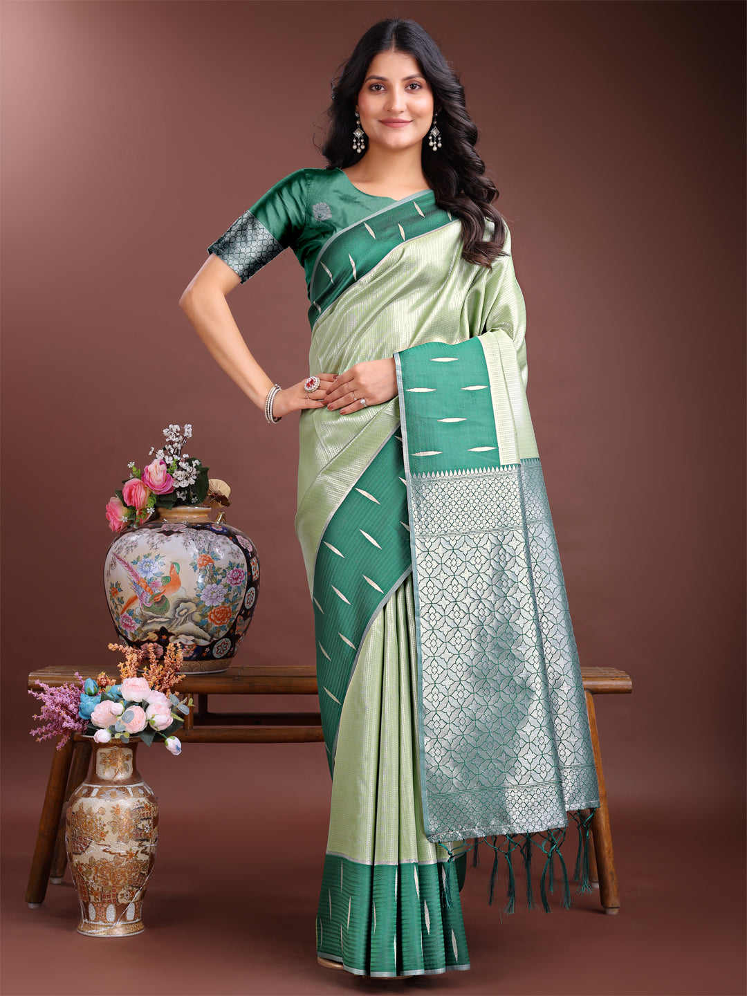 Shree Shyam Fashion Light Green Lichi Silk Woven Zari Work Traditional Tassel Saree | Grocsy