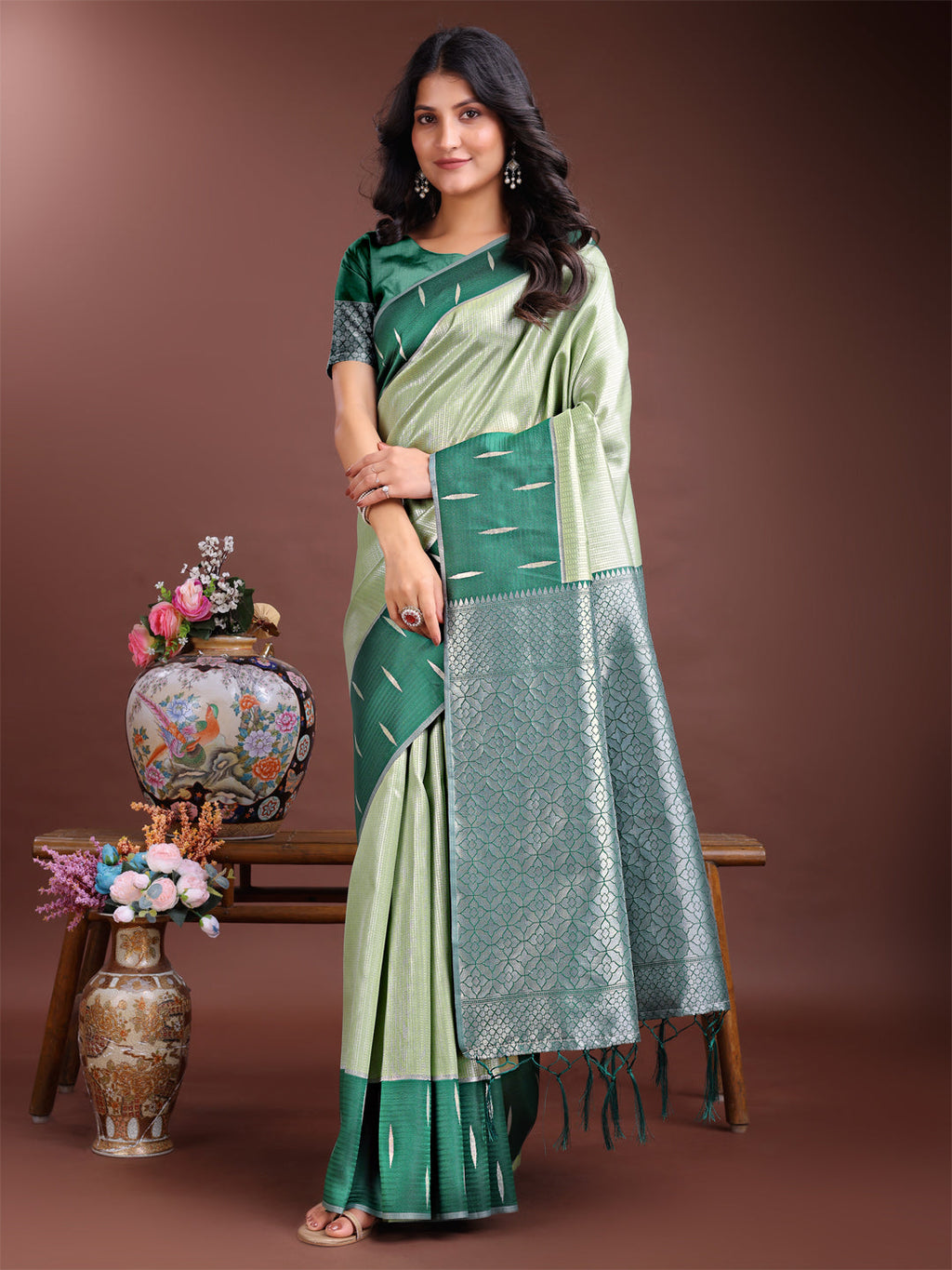 Shree Shyam Fashion Light Green Lichi Silk Woven Zari Work Traditional Tassel Saree | Grocsy