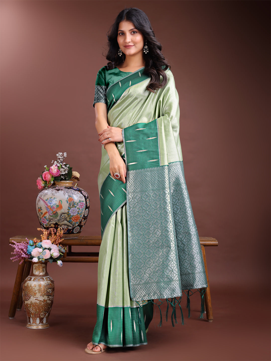 Shree Shyam Fashion Light Green Lichi Silk Woven Zari Work Traditional Tassel Saree | Grocsy