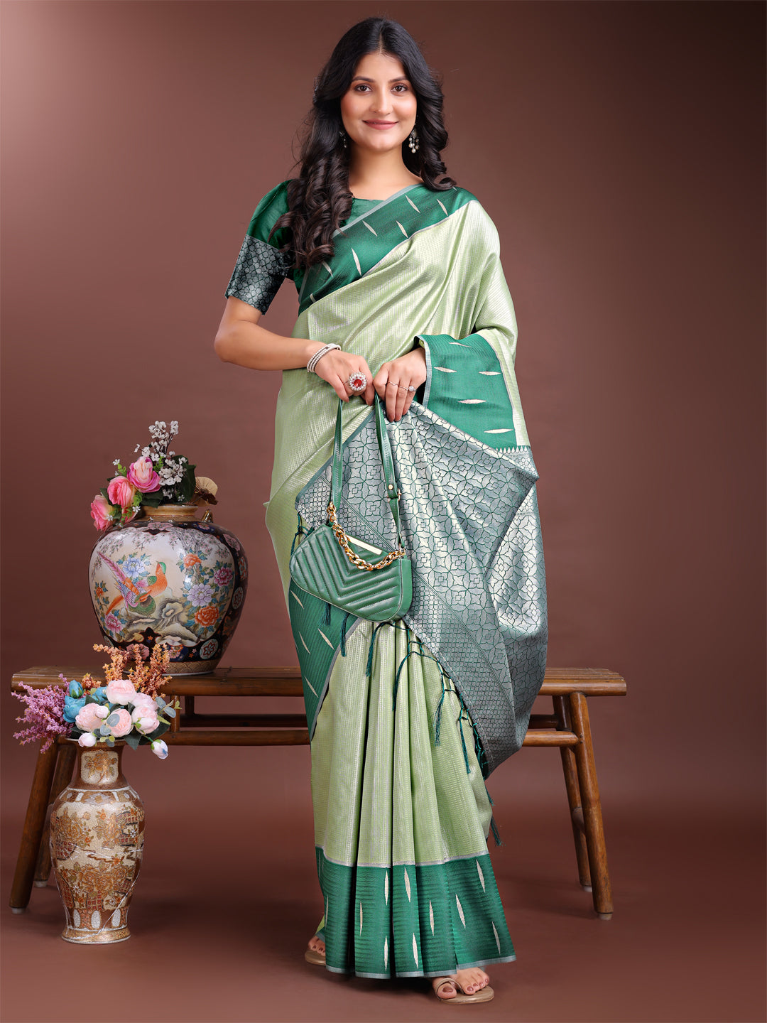 Shree Shyam Fashion Light Green Lichi Silk Woven Zari Work Traditional Tassel Saree | Grocsy