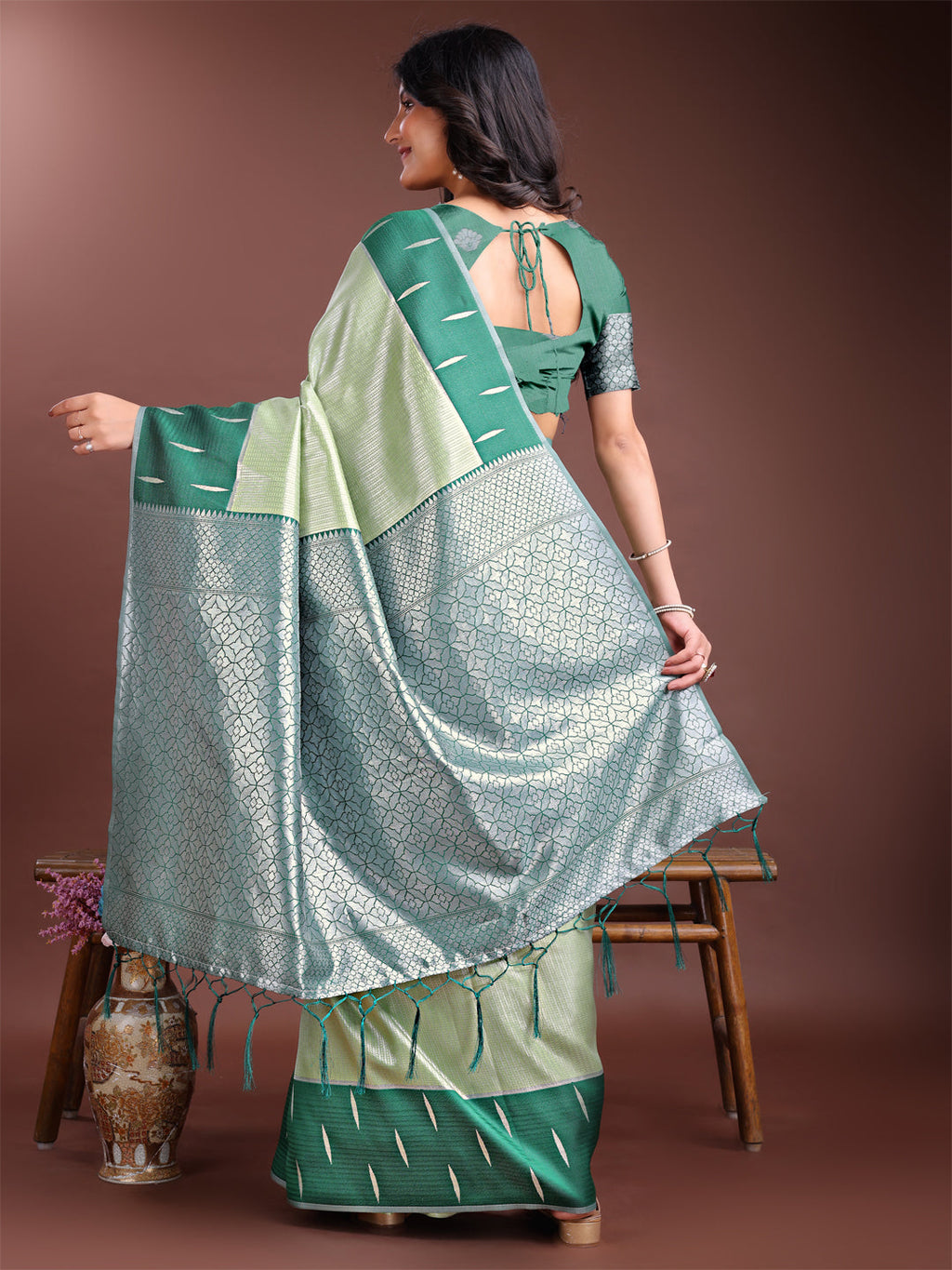 Shree Shyam Fashion Light Green Lichi Silk Woven Zari Work Traditional Tassel Saree | Grocsy