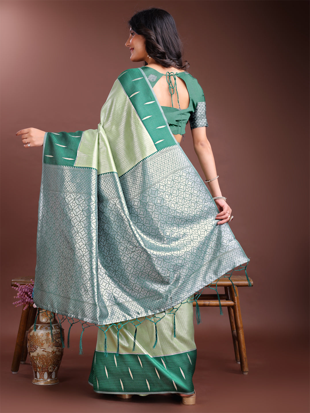Shree Shyam Fashion Light Green Lichi Silk Woven Zari Work Traditional Tassel Saree | Grocsy