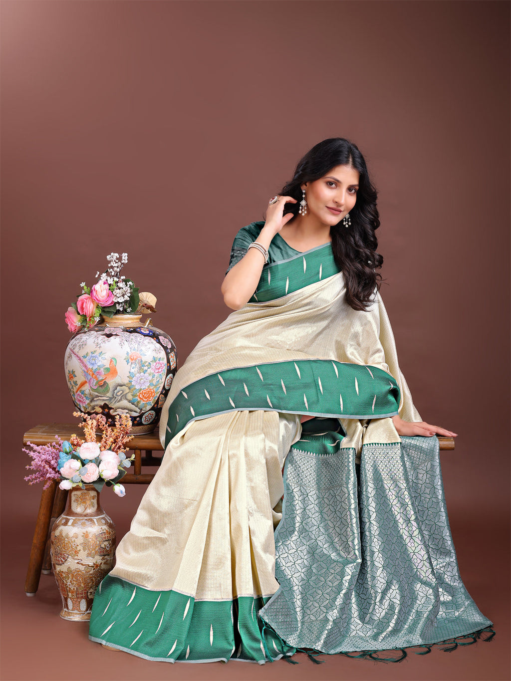 Shree Shyam Fashion Cream Lichi Silk Woven Zari Work Traditional Tassel Saree | Grocsy