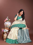 Shree Shyam Fashion Cream Lichi Silk Woven Zari Work Traditional Tassel Saree | Grocsy