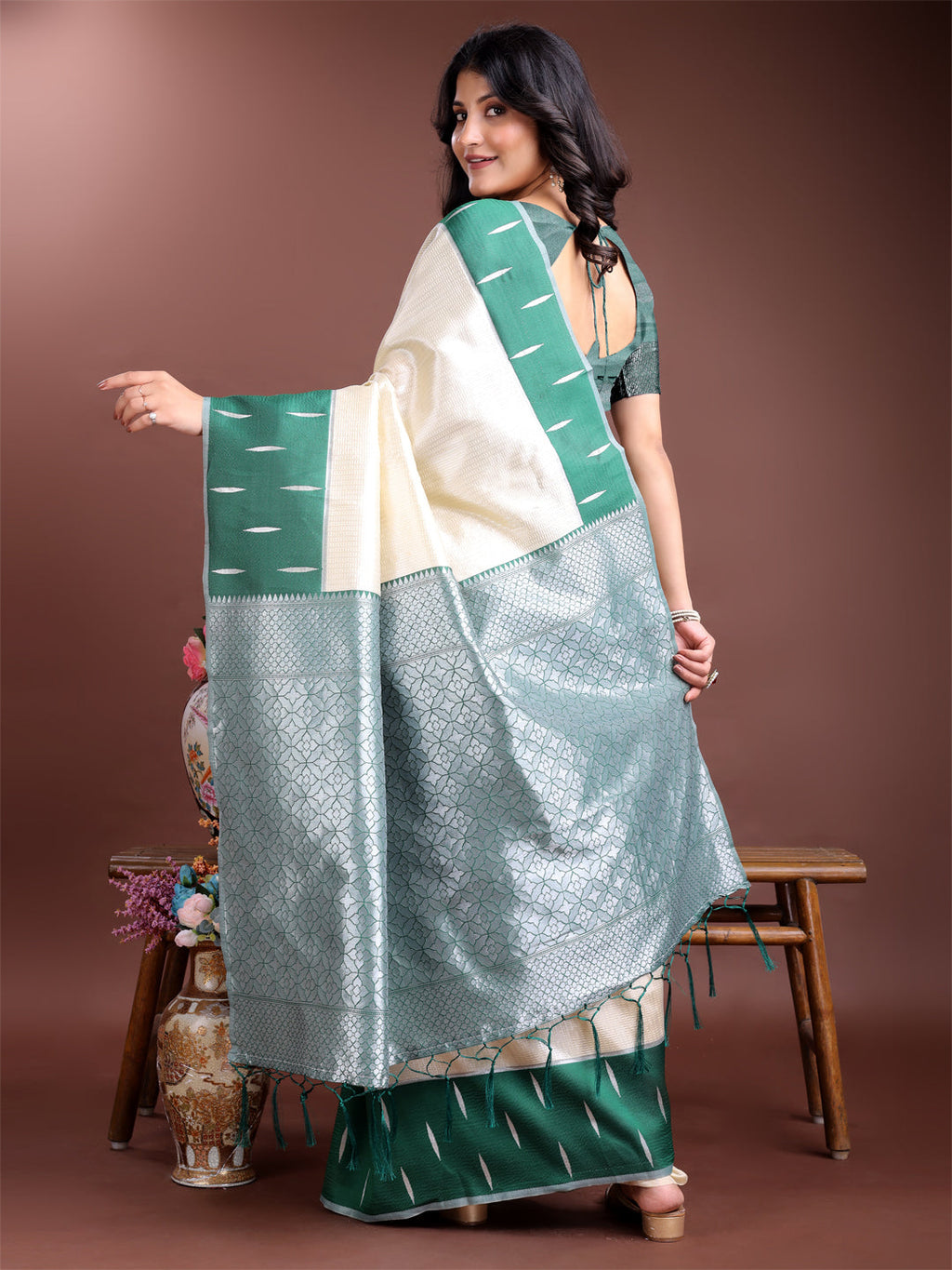 Shree Shyam Fashion Cream Lichi Silk Woven Zari Work Traditional Tassel Saree | Grocsy