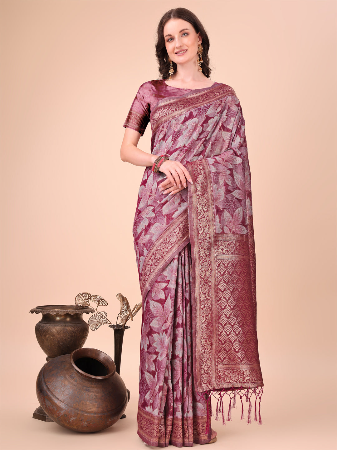 Shree Shyam Fashion Elegant Purple Cotton Silk Saree with Floral Design & Rich Pallu - Festive & Wedding Wear | Grocsy