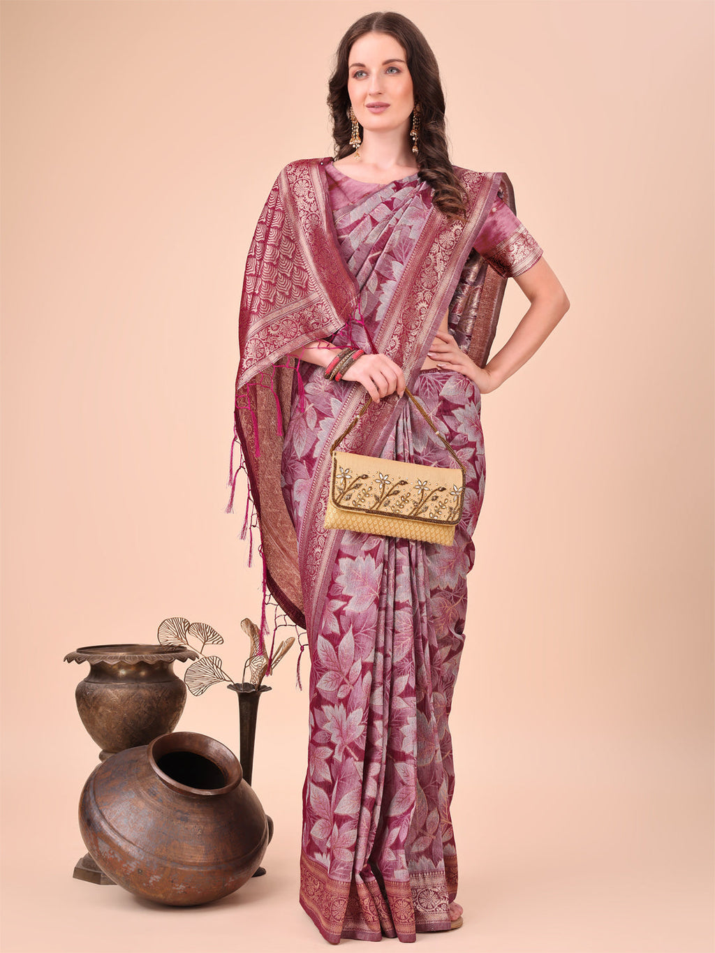Shree Shyam Fashion Elegant Purple Cotton Silk Saree with Floral Design & Rich Pallu - Festive & Wedding Wear | Grocsy