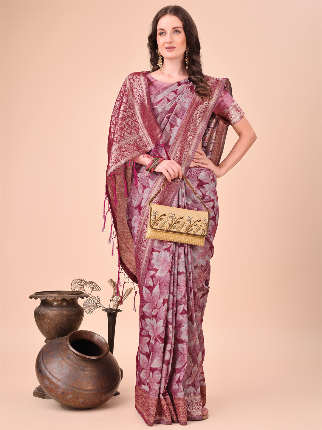 Shree Shyam Fashion Elegant Purple Cotton Silk Saree with Floral Design & Rich Pallu - Festive & Wedding Wear | Grocsy