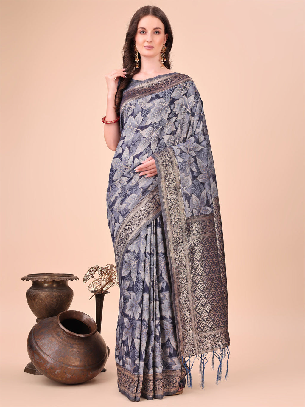 Shree Shyam Fashion Elegant Navy Blue Cotton Silk Saree with Floral Design & Rich Pallu - Festive & Wedding Wear | Grocsy